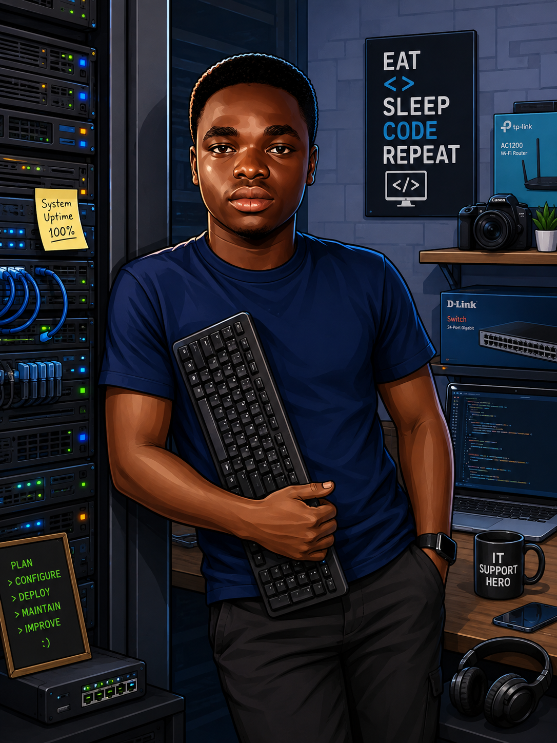 CodexSarGh IT Solutions engineer standing beside a server rack and network switches, holding a keyboard