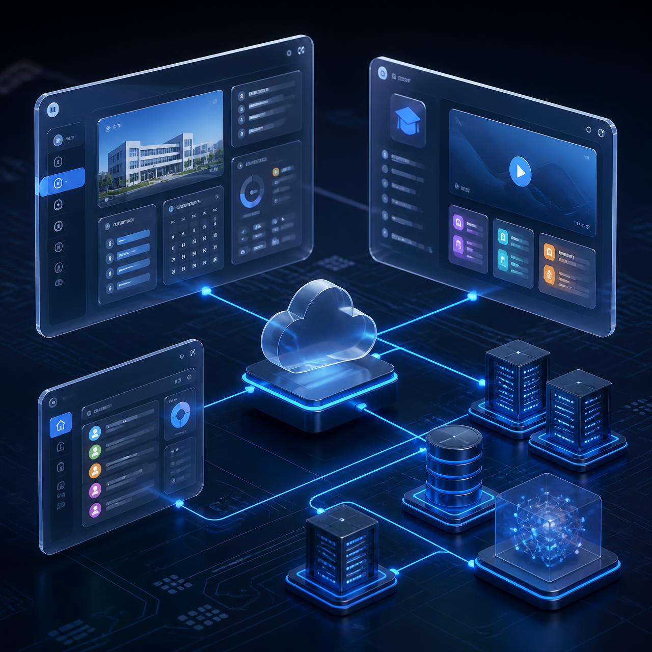 Illustration of interconnected digital systems: dashboards, learning platforms, cloud infrastructure and databases